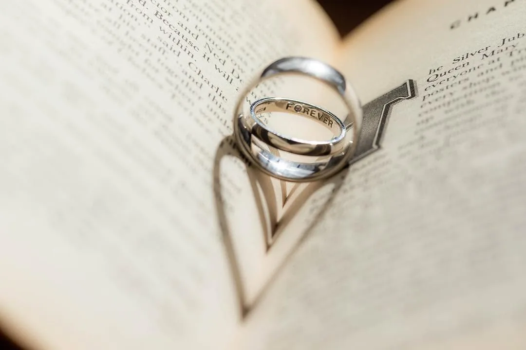 Wedding rings resting on the pages of an open book